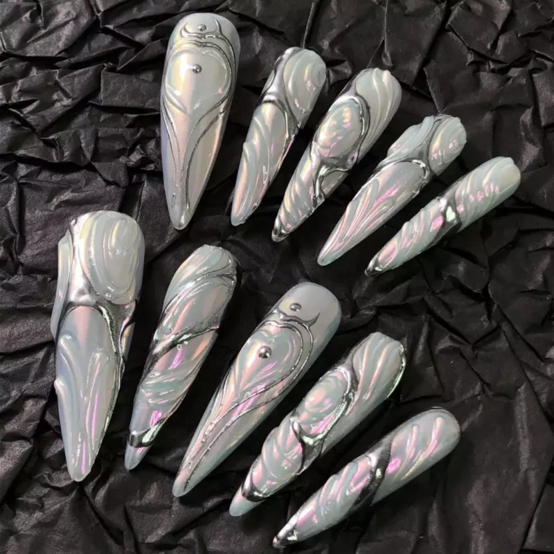 3D Metallic Press-On Nails close-up with holographic light reflection