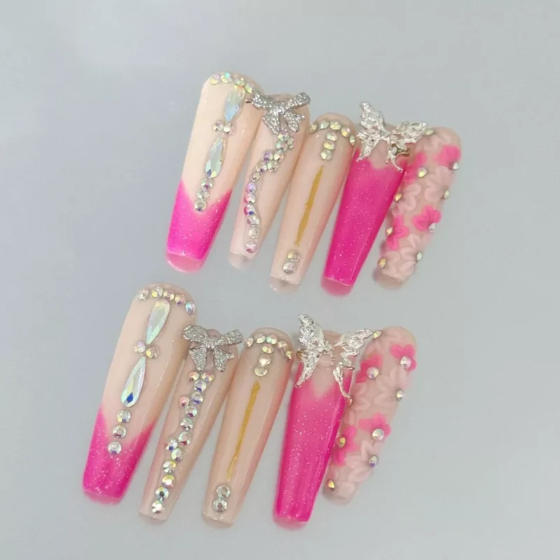 Gradient Press-On Nails with butterfly and floral 3D decor