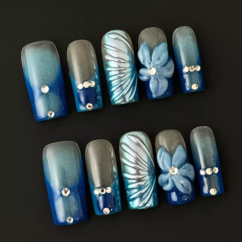 3D Floral Press-On Nails with Blue Gradient – full set display