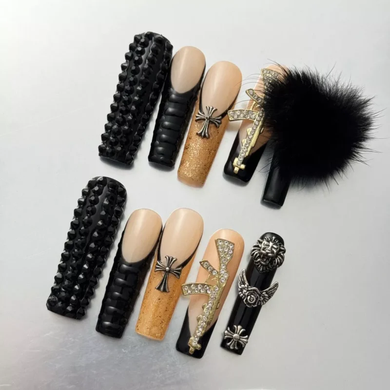 Gothic Black and Gold Press-On Nails with Fluffy Accent