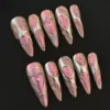 3D Metallic Press-On Nails - Futuristic Pink and Silver Swirls 5 3D Metallic Press-On Nails with Pink and Silver Chrome Swirl Accents – Side View