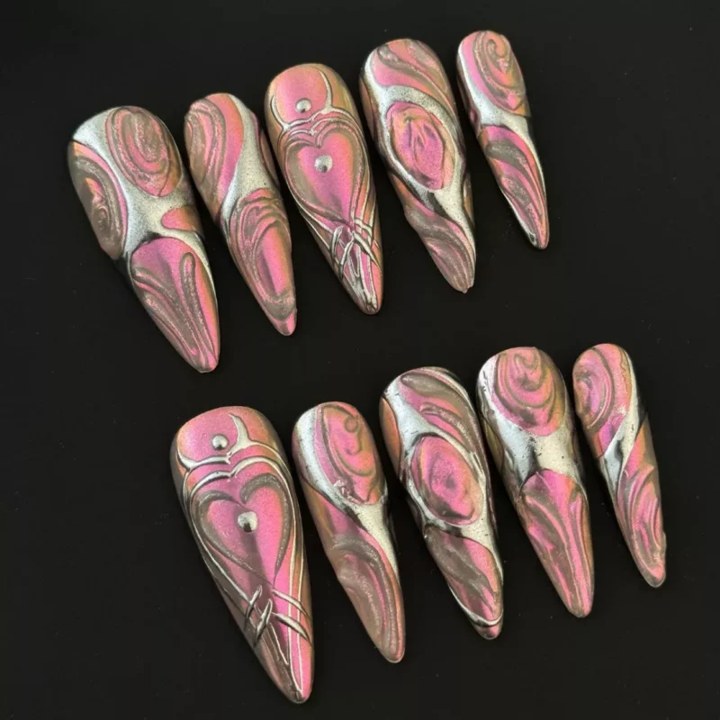 3D Metallic Press-On Nails with Pink and Silver Chrome Swirl Accents – Side View