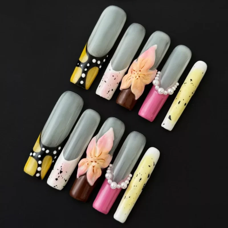 3D Mixed Color Press-On Nails with floral carvings and pearl embellishments