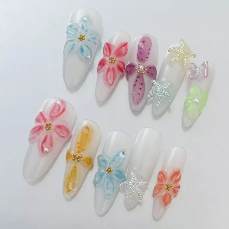 3D Pastel Bloom Accents on Multicolor Press-On Nails - angled side view