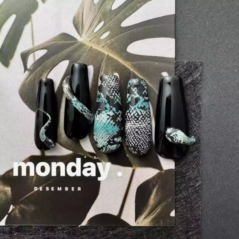 3D Snake Press-On Nails set featuring matte black and python designs