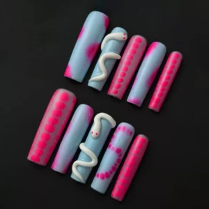 Pink blue mixed press-on nails with 3D snake and dot accents – full stiletto nail set