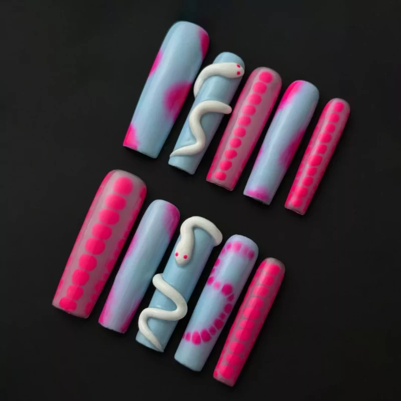 Pink blue mixed press-on nails with 3D snake and dot accents – full stiletto nail set