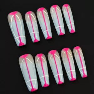 Close-up of abstract nail art lines on grey ombre press-on nails