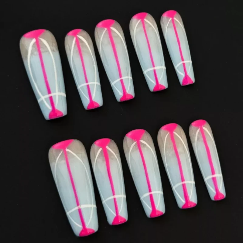Close-up of abstract nail art lines on grey ombre press-on nails