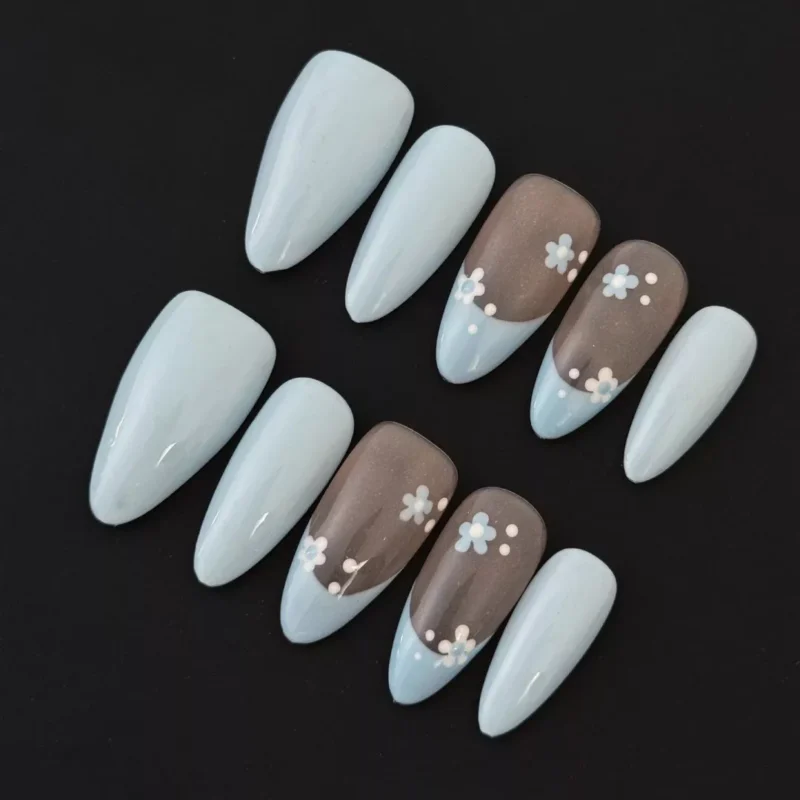 Baby Blue Press-On Nails with soft shimmer and floral charm