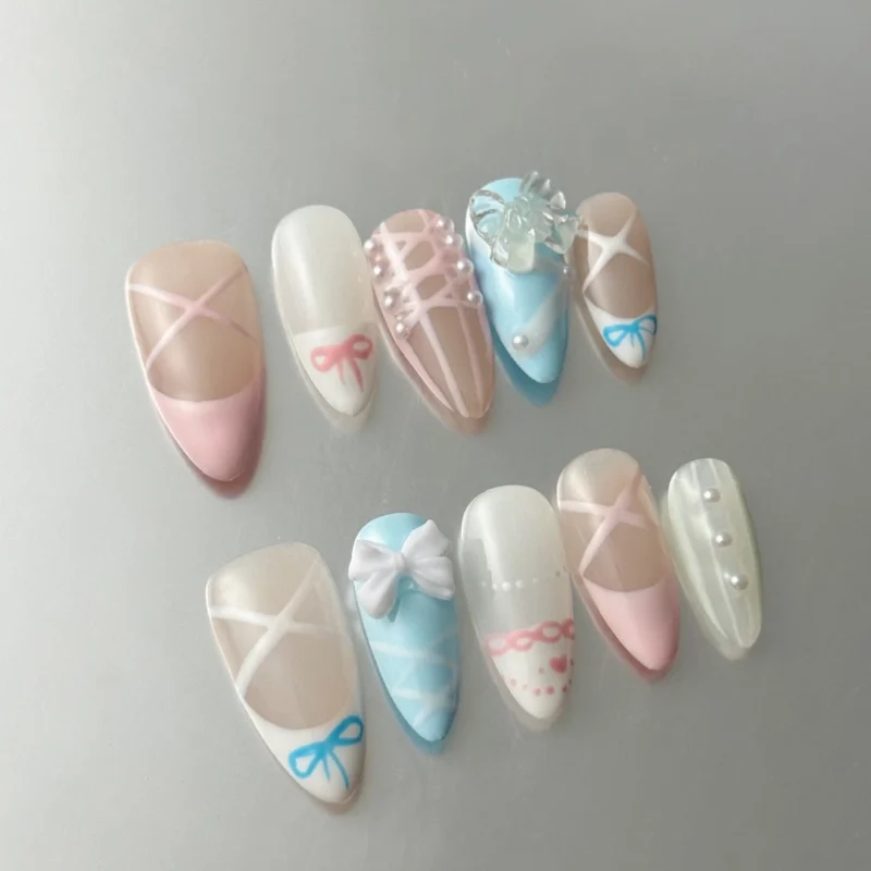 Ballerina Style Press-On Nails in pink and blue pastel with 3D bow