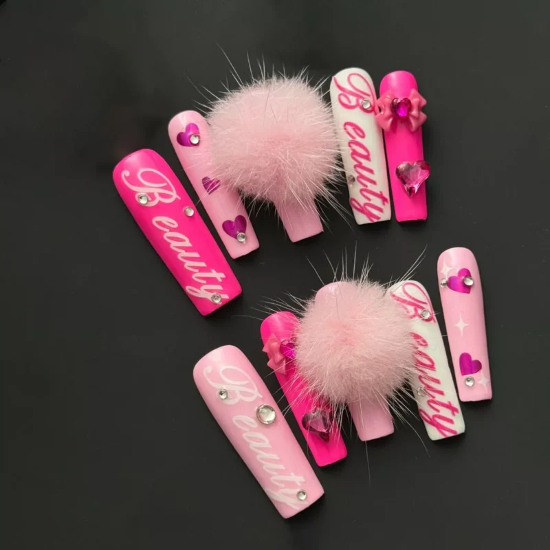 Barbie Sweetheart Press-On Nails with Pink Hearts and Pom-Pom Accents