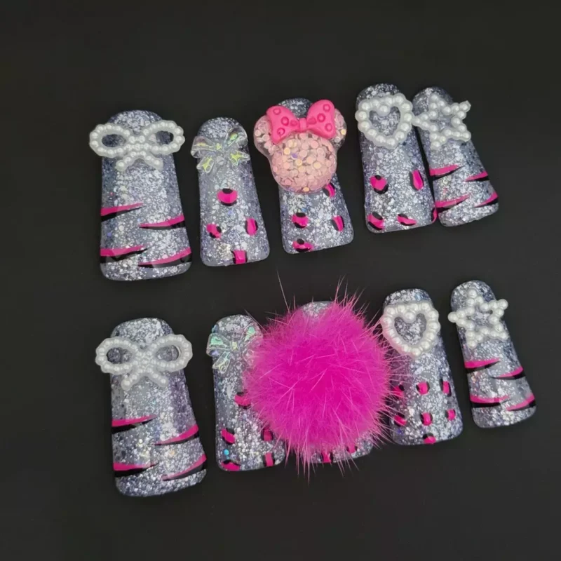 Barbiecore Duckbill Press-On Nails with Glitter and 3D Heart Charms