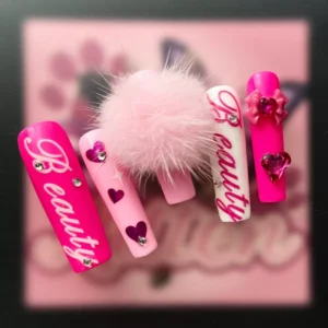 Glam Y2K Press-On Nails in Barbie Style with “Beauty” Script