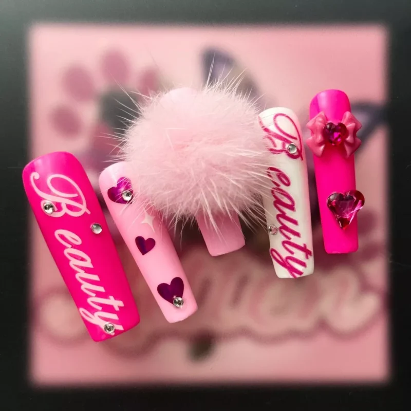 Glam Y2K Press-On Nails in Barbie Style with “Beauty” Script