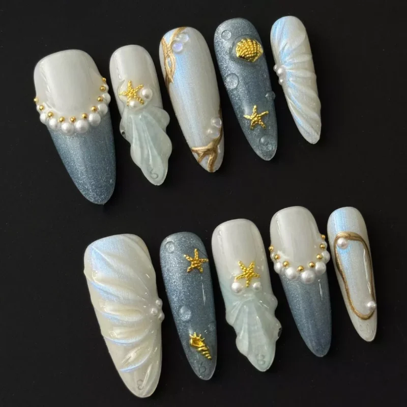 Luxury Seashell Pearl Press-On Nails with Beach Theme