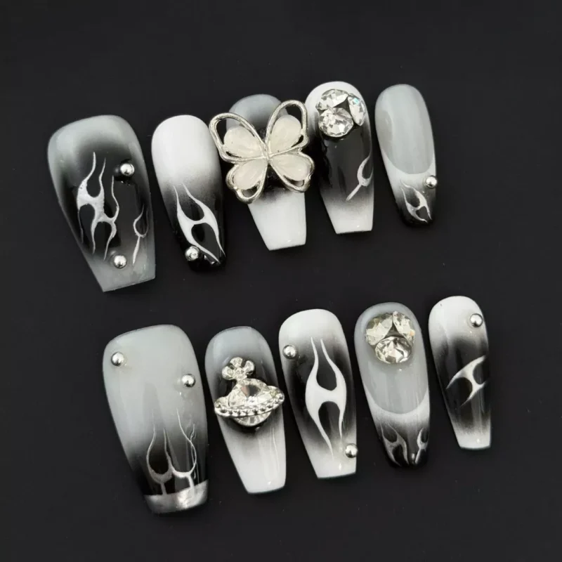 Black Gradient Press-On Nails with chrome flame charm and rhinestone detail – front view