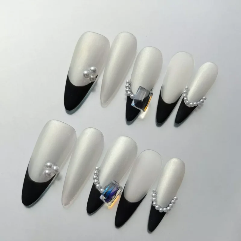 Long Elegant Press-On Nails in Monochrome with Pearl Details