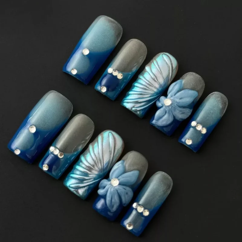 Blue Ombre Press-On Nails with 3D Floral and Gem Accents – top view