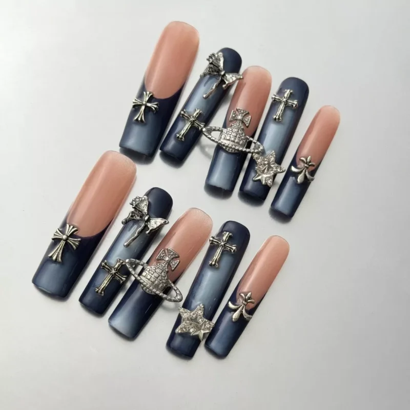 Queen Punk Press-On Nails with Blue Ombre and Gothic Charms