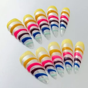 Spiral design multicolor press-on nails with Y2K candy stripe vibe