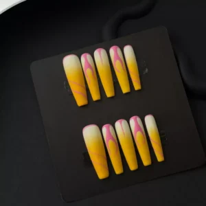 Bold flame press-on nails in yellow, pink, and white matte tones