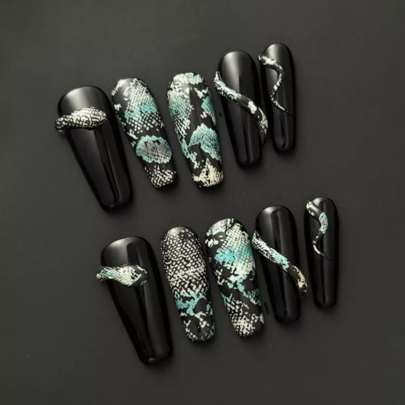 Python Texture Press-On Nails featuring 3D snake designs and matte black base