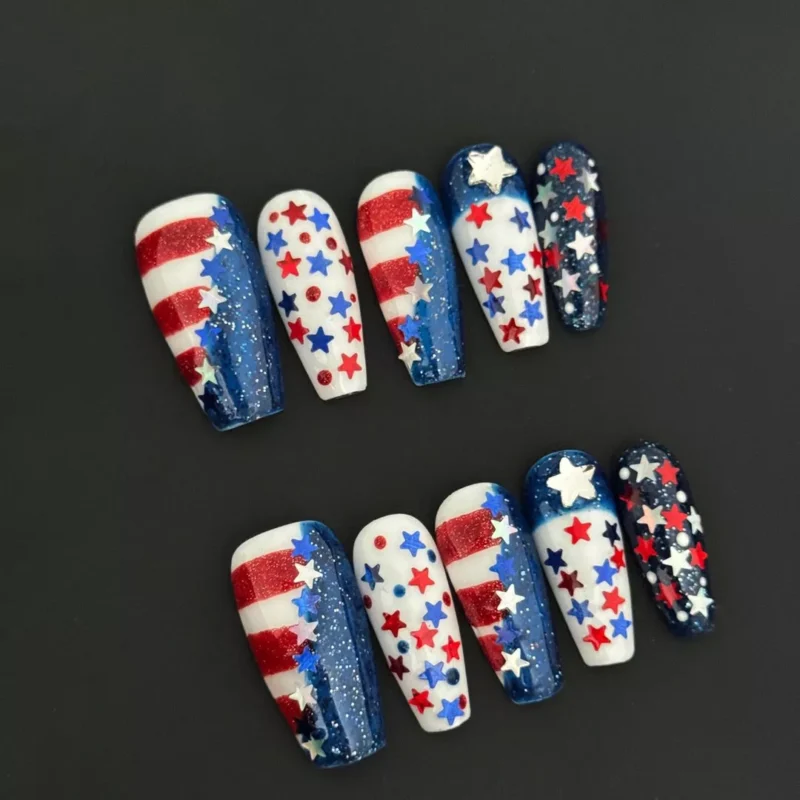 Patriot Glam Press-On Nails with red, white, and blue stripes and glitter star details