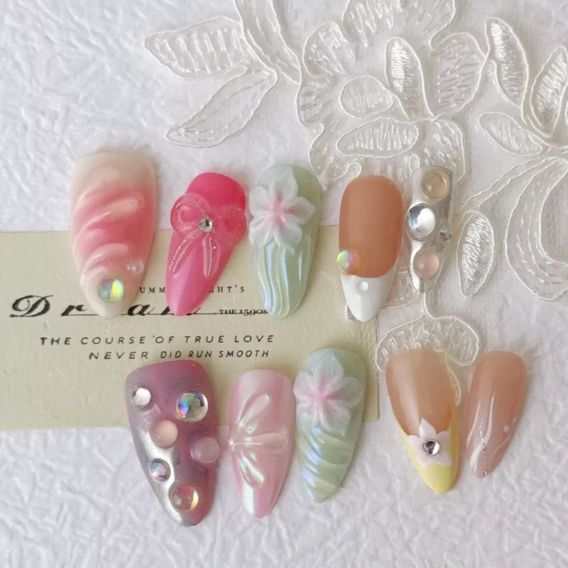 Cute 3D Carving Press-On Nails with lace backdrop for romantic vibe