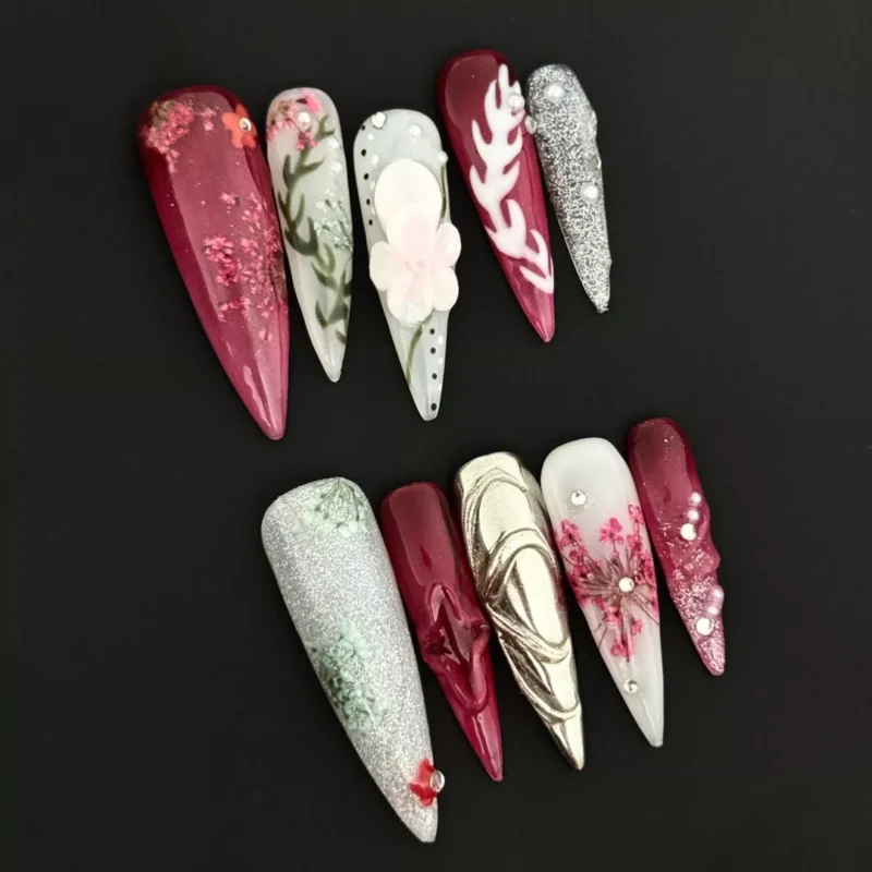 Pressed Floral Press-On Nails with burgundy gradient and 3D flower accents