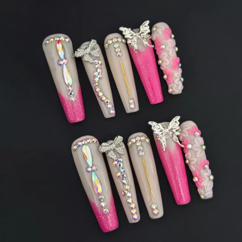 Butterfly Bloom Press-On Nails with 3D crystals and gradient pink base