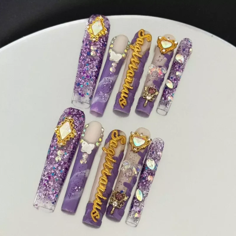 Butterfly Press-On Nails with purple chrome and Sagittarius text charm