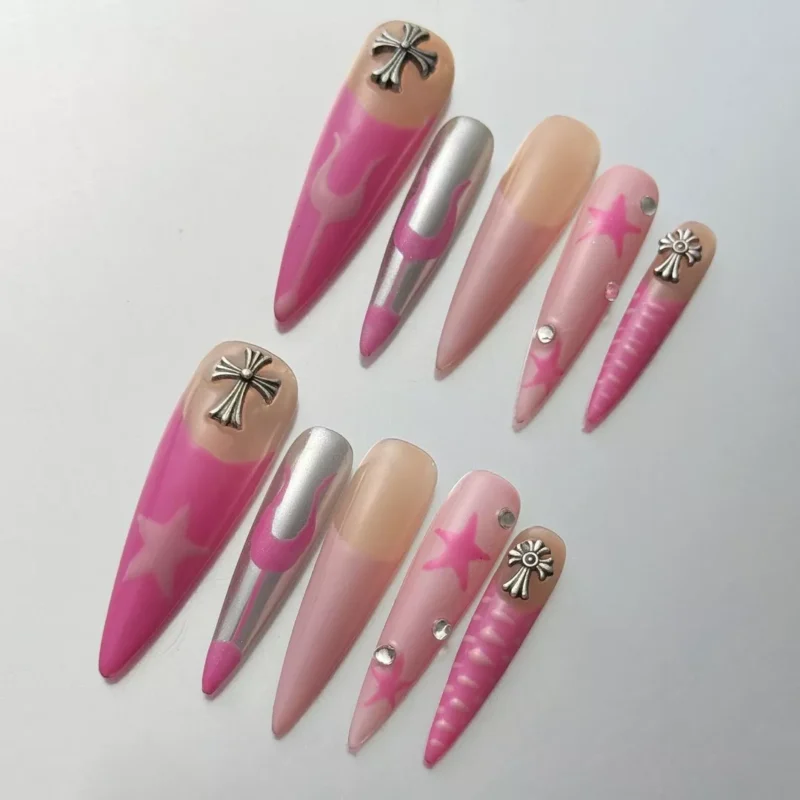 Pink Chrome Star Nail Art – Long Gothic Style Press-On Nails