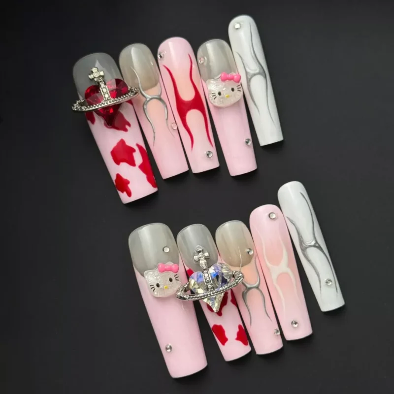 Punk Cat Press-On Nails with Chrome Flame and Hello Kitty Design