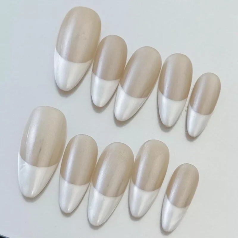 Nude Base Press-On Nails with Chrome Shimmer Effect and French Tips