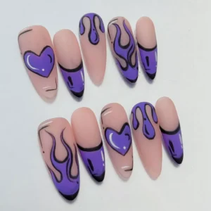 Close-up of Purple Flame Heart Press-On Nails showing vivid flame and heart details