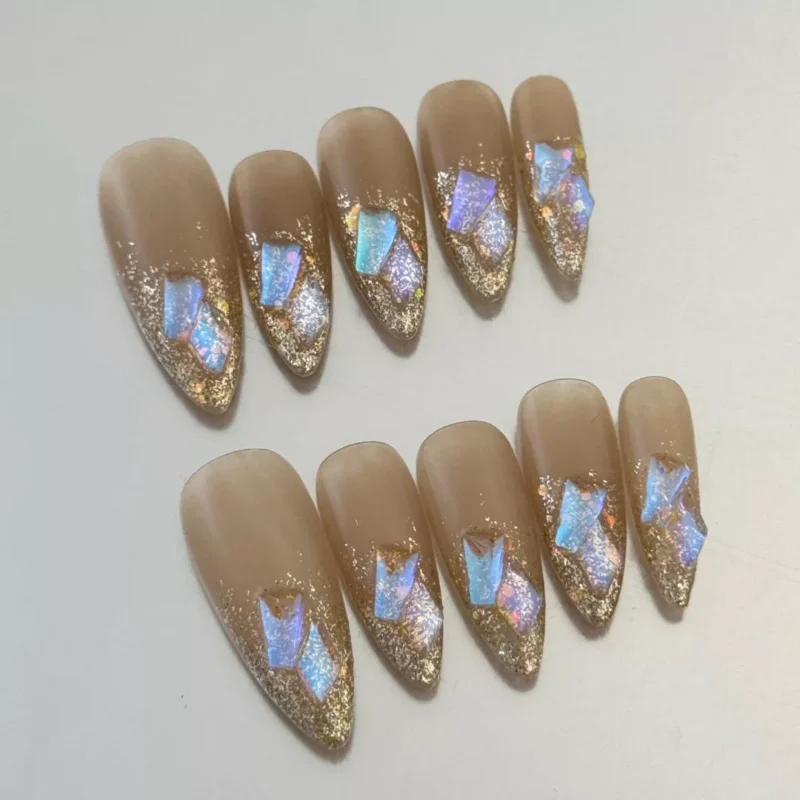 Close-up of Iridescent French Press-On Nails featuring holographic glitter fragments