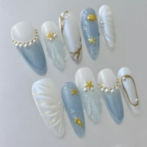 Blue and White Press-On Nails with Starfish and Seashell Design