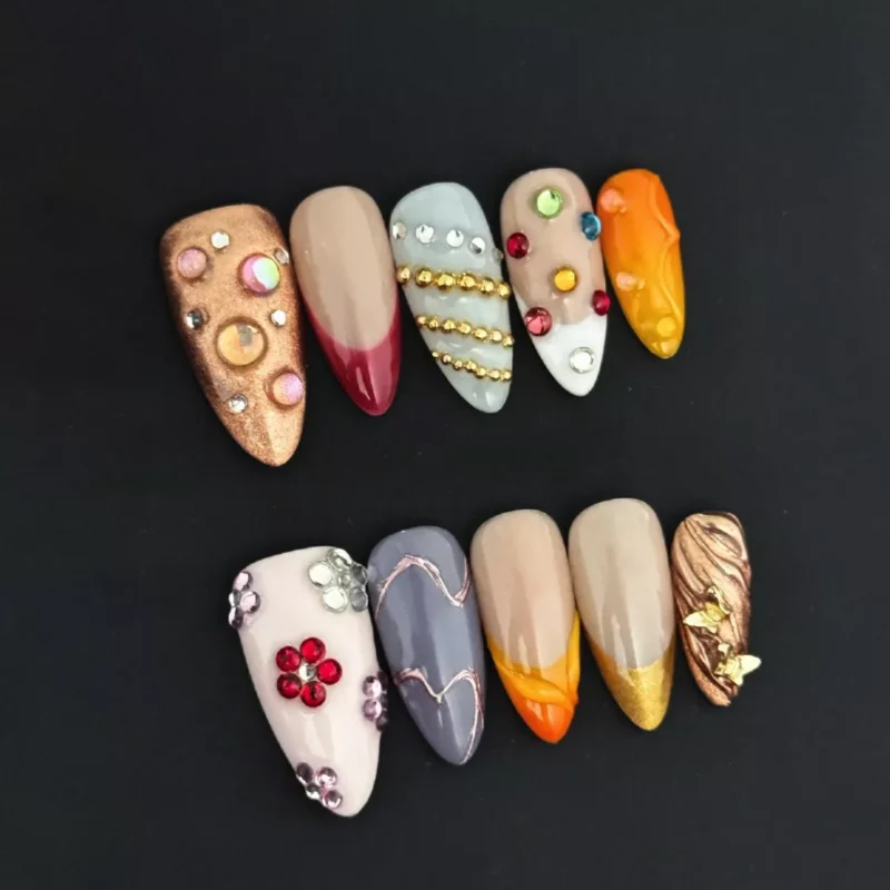 Long almond Color Clash Press-On Nails with 3D floral and rhinestone accents
