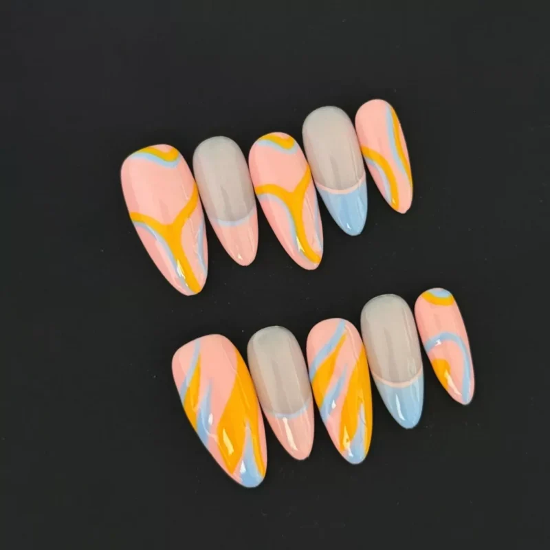 Colorful Abstract Press-On Nails with orange yellow wave design - full set view