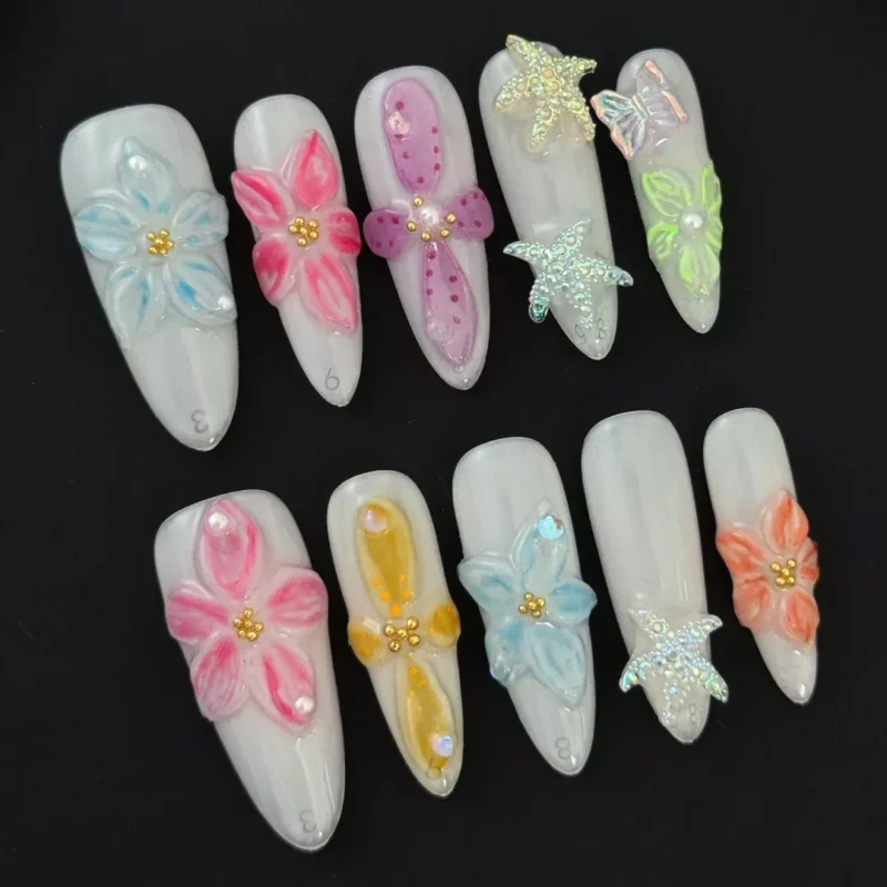 Colorful Flower Nails with cute pastel embellishments - natural lighting