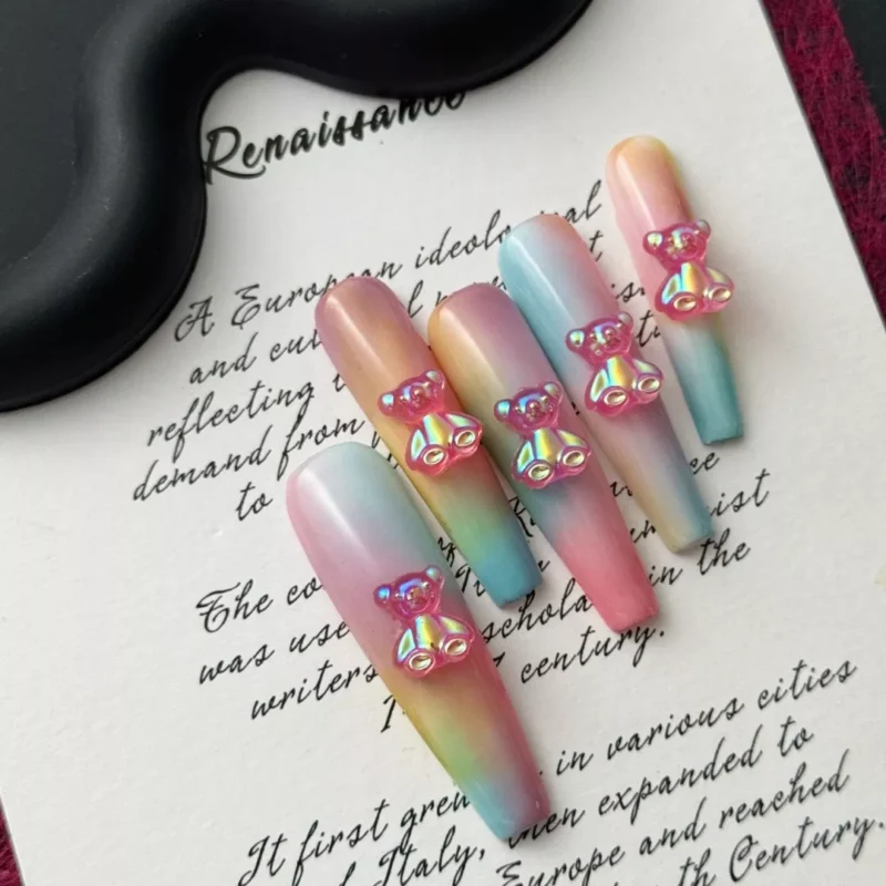 Rainbow Bear Press-On Nails – Iridescent Teddy Nail Art