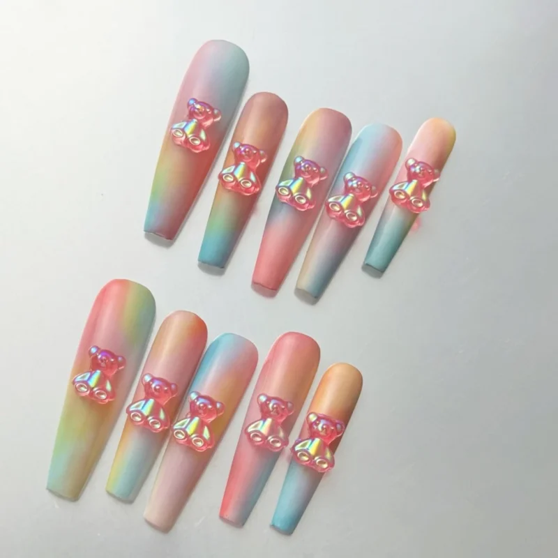Rainbow Bear Press-On Nails – Colorful Gradient Teddy Nails