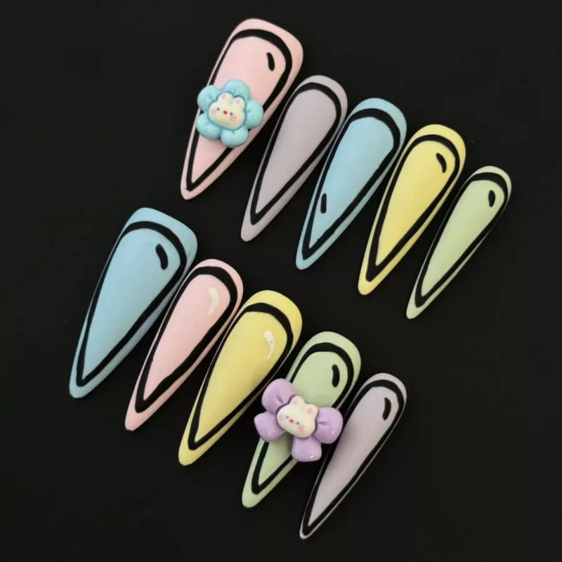 Colorful 2D Cartoon Press-On Nails with flower accents