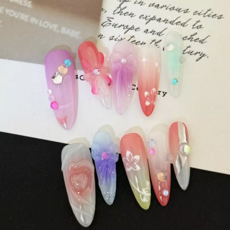 3D heart and bow pastel press-on nails for summer styles