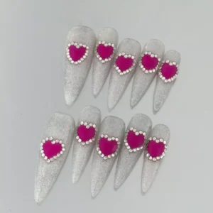 Long Silver Press-On Nails with Gem Heart Accents – Laser Heart Press-On Nails