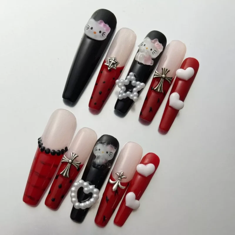 Gothic Lolita Press-On Nails with Red Plaid and Kitty Accents