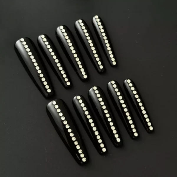 Elegant Black Press-On Nails with crystal studded minimalist design, top view