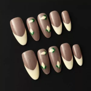 Minimalist nude press-on nails with white flower buds and French tip accents