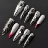 Silver Lace Press-On Nails with gothic mesh and rhinestone accents - angled view